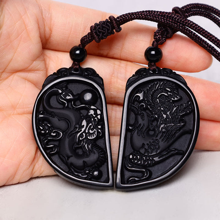 Collier pendentif de protection Dragon Phoenix en obsidienne noire avec Buddha Stones - image 3