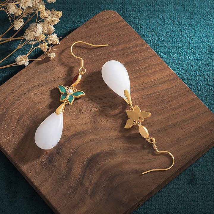 Boucles d'oreilles pendantes porte-bonheur en jade blanc Feng Shui Buddha Stones