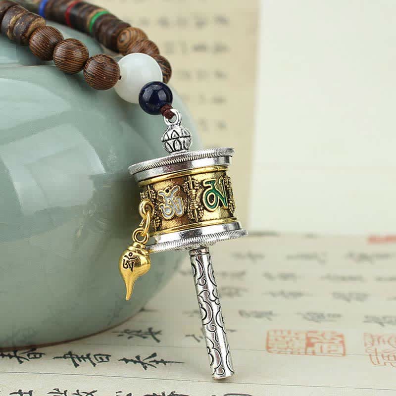 Collier pendentif en bois Vajra Buddha Stones tibétaines Om Mani Padme Hum et rotation de la roue de prière - image 2