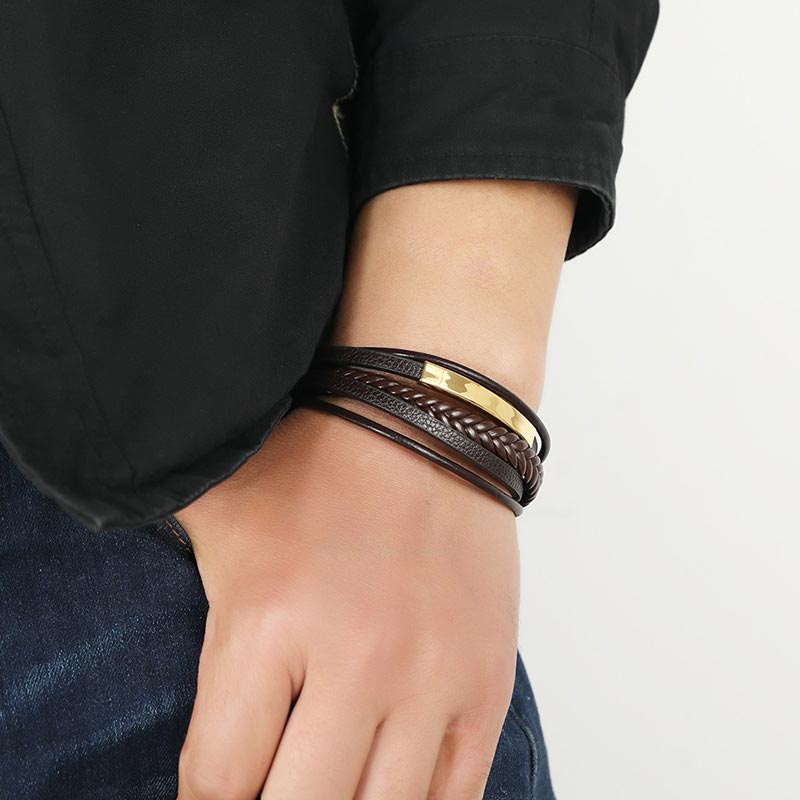 Bracelet porte-bonheur en cuir et acier titane au design simple Buddha Stones
