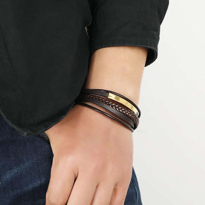 Bracelet porte-bonheur en cuir et acier titane au design simple Buddha Stones