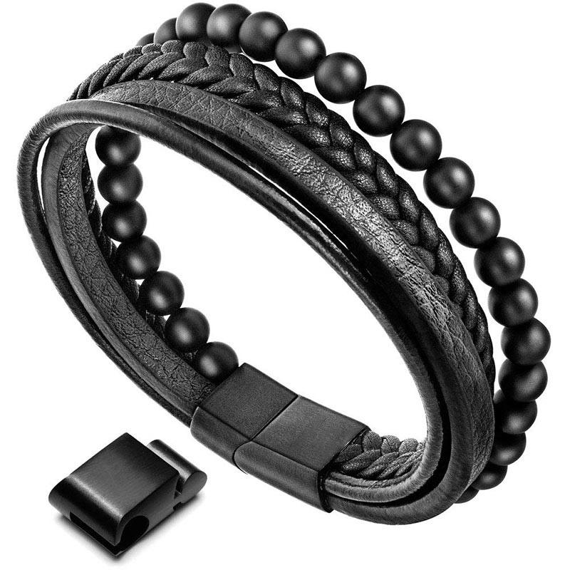 Bracelet en cuir avec perles en pierre de lave naturelle et onyx noir Buddha Stones