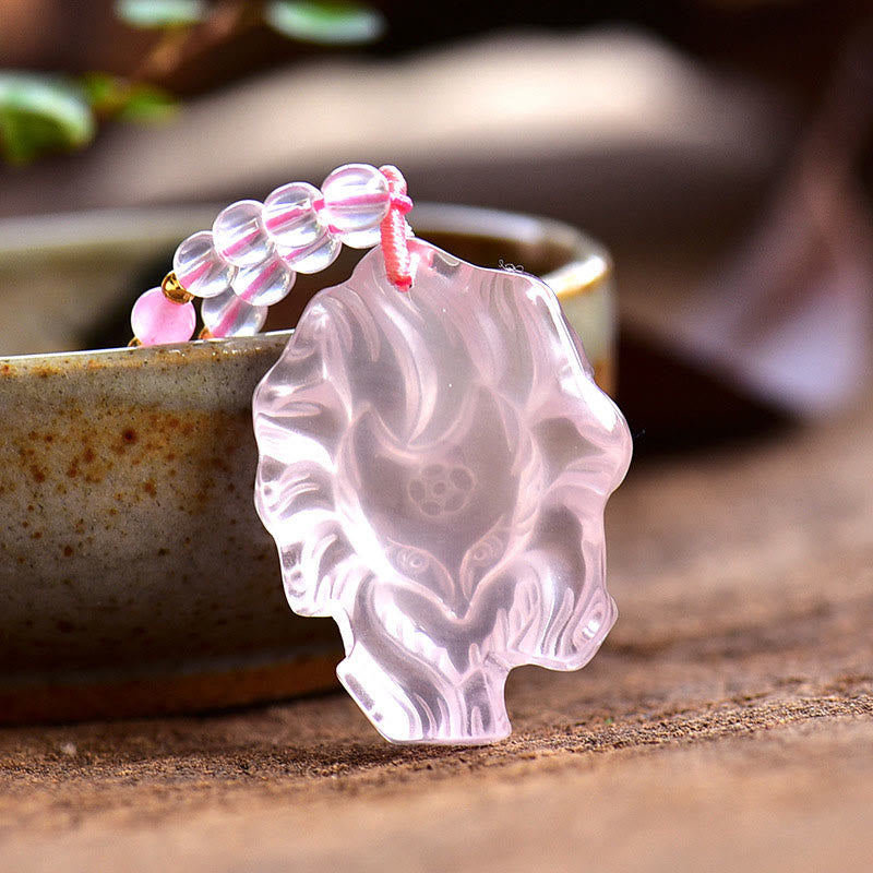 Collier pendentif renard à neuf queues en cristal rose naturel Buddha Stones