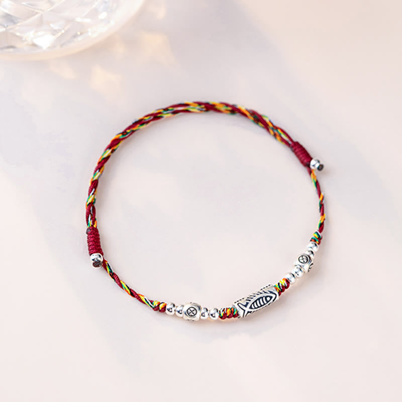 Bracelet de cheville tressé en argent sterling 925 avec poisson Koi et pierres de Buddha Stones