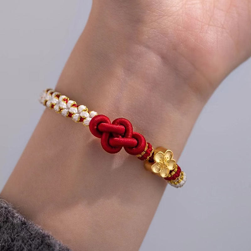 Bracelet porte-bonheur en corde avec breloque en fleur de pêcher et nœud d'amour véritable fait à la main par Buddha Stones