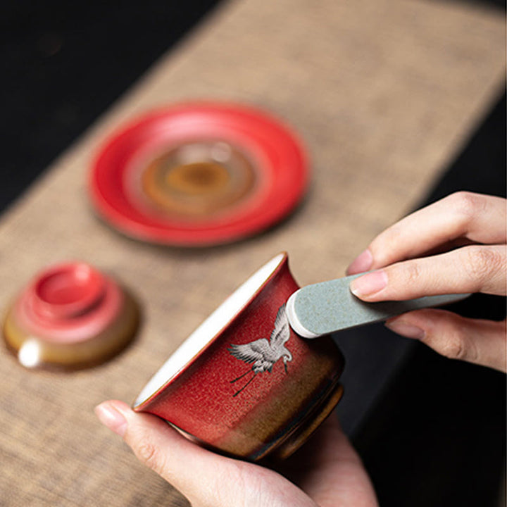 Tasse à thé et soucoupe en céramique Gaiwan Sancai avec couvercle et Buddha Stones rouge de bon augure