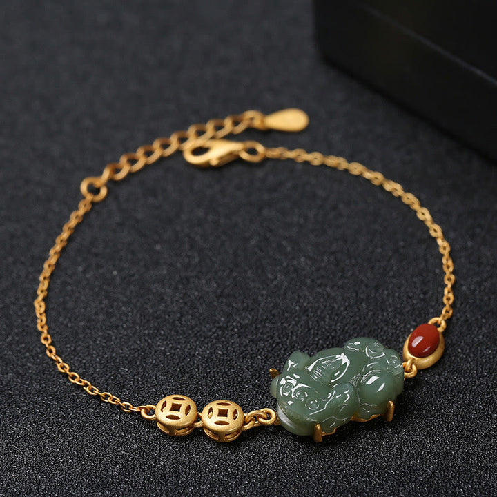 Bracelet chaîne de réussite en jade cyan PiXiu avec pièce de cuivre et agate rouge