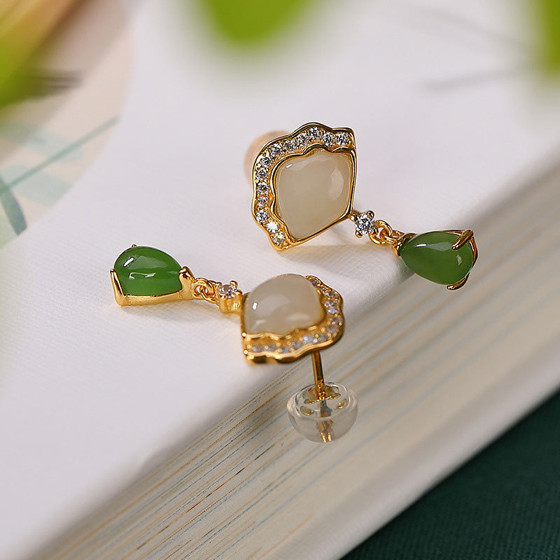 Boucles d'oreilles pendantes porte-bonheur en forme d'éventail en jade blanc et jade cyan Buddha Stones