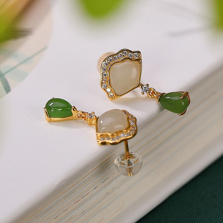 Boucles d'oreilles pendantes porte-bonheur en forme d'éventail en jade blanc et jade cyan Buddha Stones