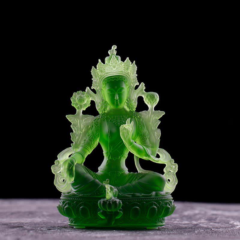 Buddha Stones Bodhisattva Tara verte Pièce d'art en cristal Liuli faite à la main Protection Maison Bureau Statue Décoration - 8*6*12,8 cm - Tara Verte - image 1