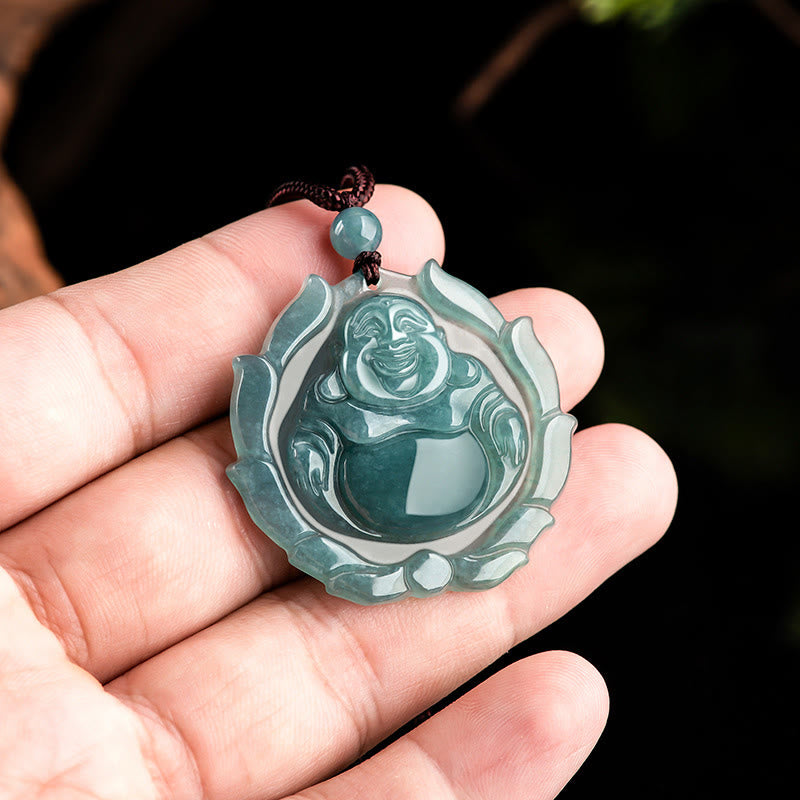 Buddha Stones pendentif porte-bonheur en jade naturel avec motif de lotus et de Bouddha rieur - image 4