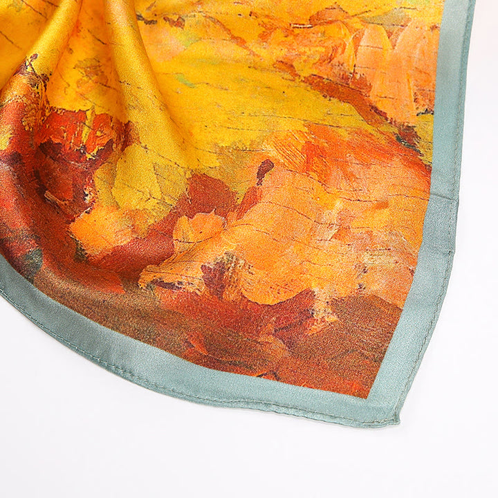 Foulard pour cheveux en soie de mûrier 100 % Buddha Stones et peinture à l'huile sur la ville, scène de neige, château, lotus
