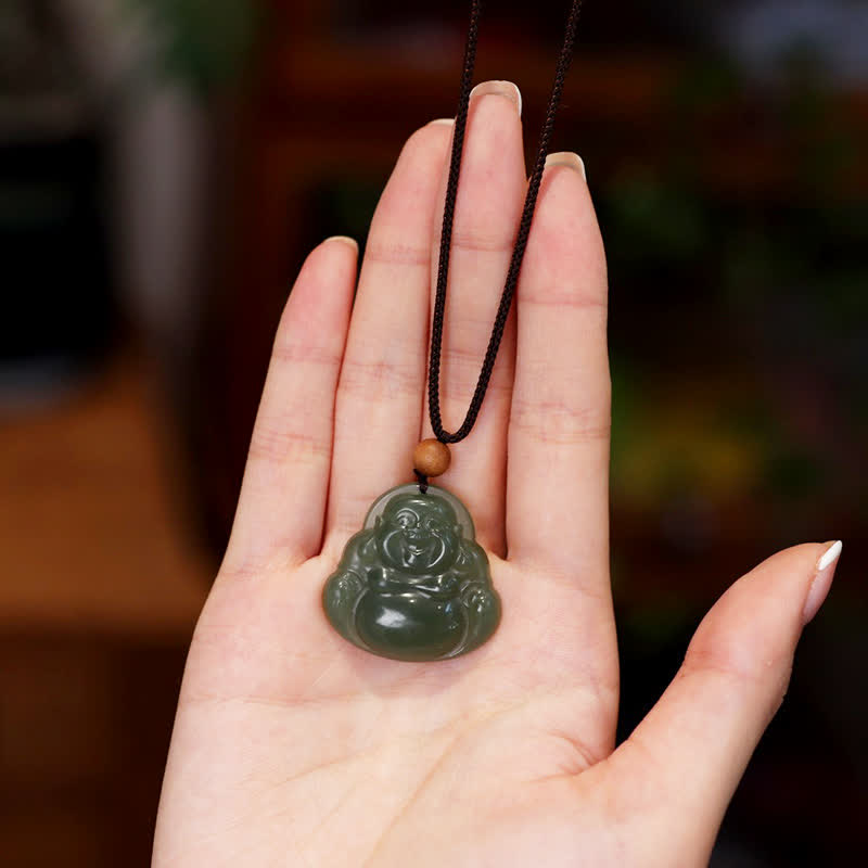 Collier pendentif en jade Hetian avec Bouddha rieur et guérison calme - image 2