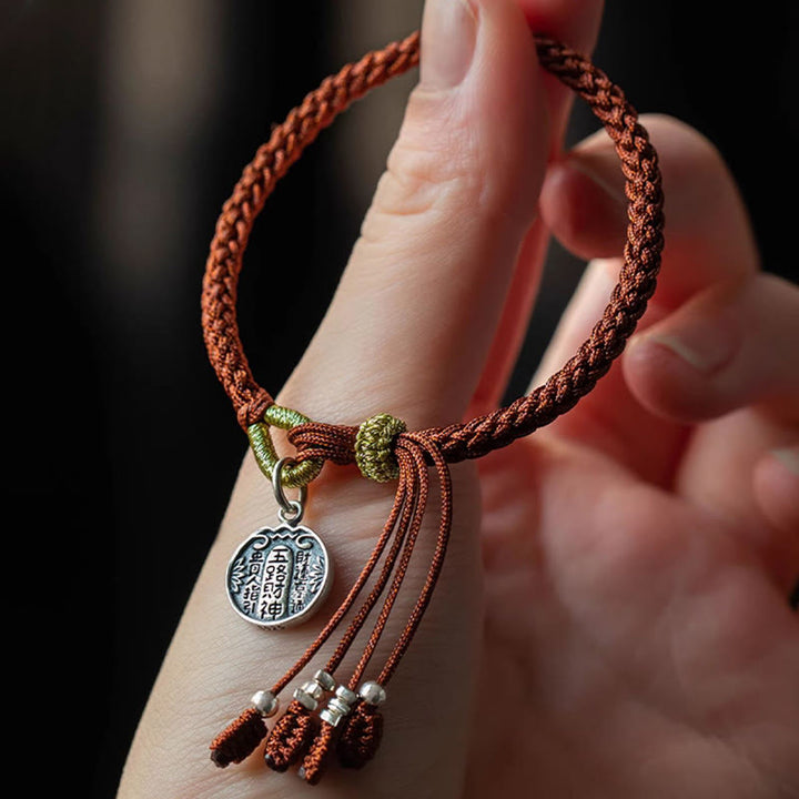 Bracelet tressé en argent sterling 925 fait à la main avec Buddha Stones, protection des cinq directions, dieux de la richesse, de la chance