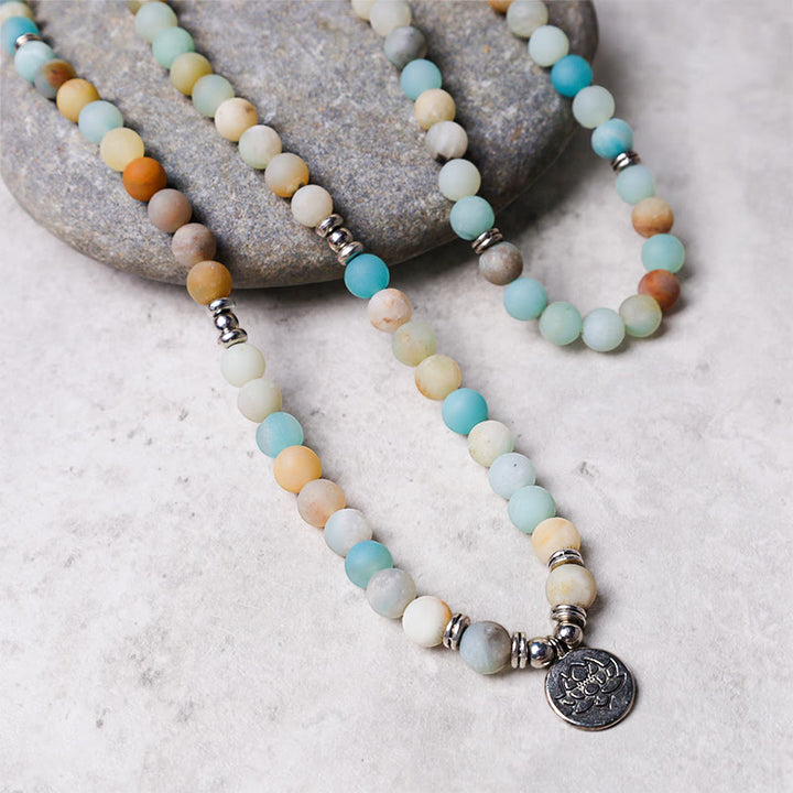 Buddha Stones Mala tibétain en pierre d'amazonite avec lotus de bénédiction