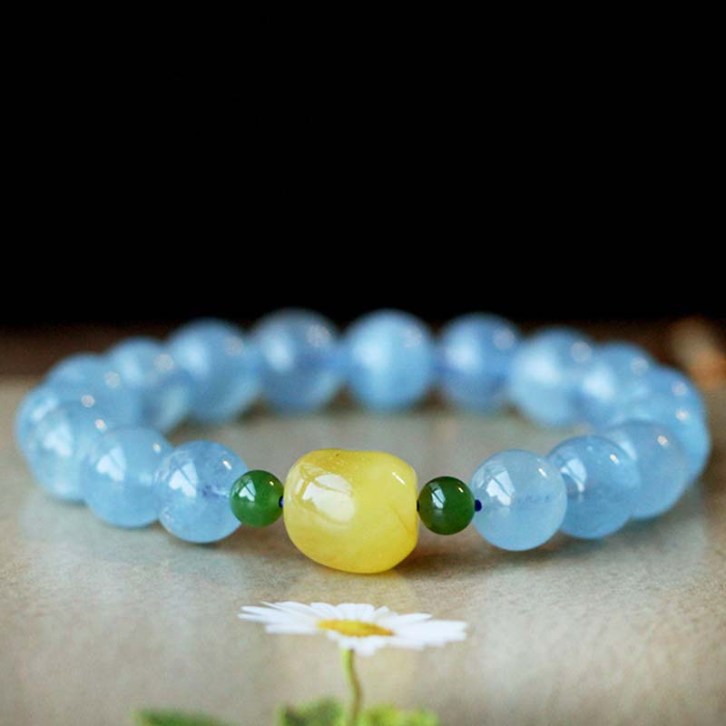 Bracelet de guérison et de sérénité en perles d'ambre et d'aigue-marine naturelles