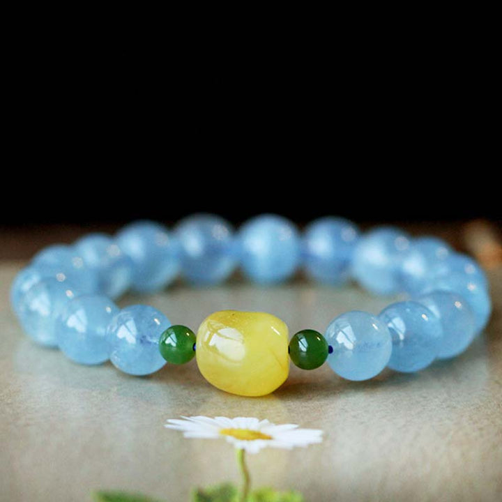 Bracelet de guérison et de sérénité en perles d'ambre et d'aigue-marine naturelles