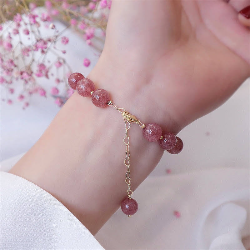 Bracelet d'amour en perles de quartz fraise naturelles et trèfle à quatre feuilles Buddha Stones