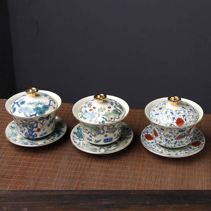 Buddha Stones Rétro Fleur de Prunier Pin Bambou Phénix Kirin Céramique Gaiwan Sancai Tasse à Thé Kung Fu Tasse à Thé et Soucoupe avec Couvercle