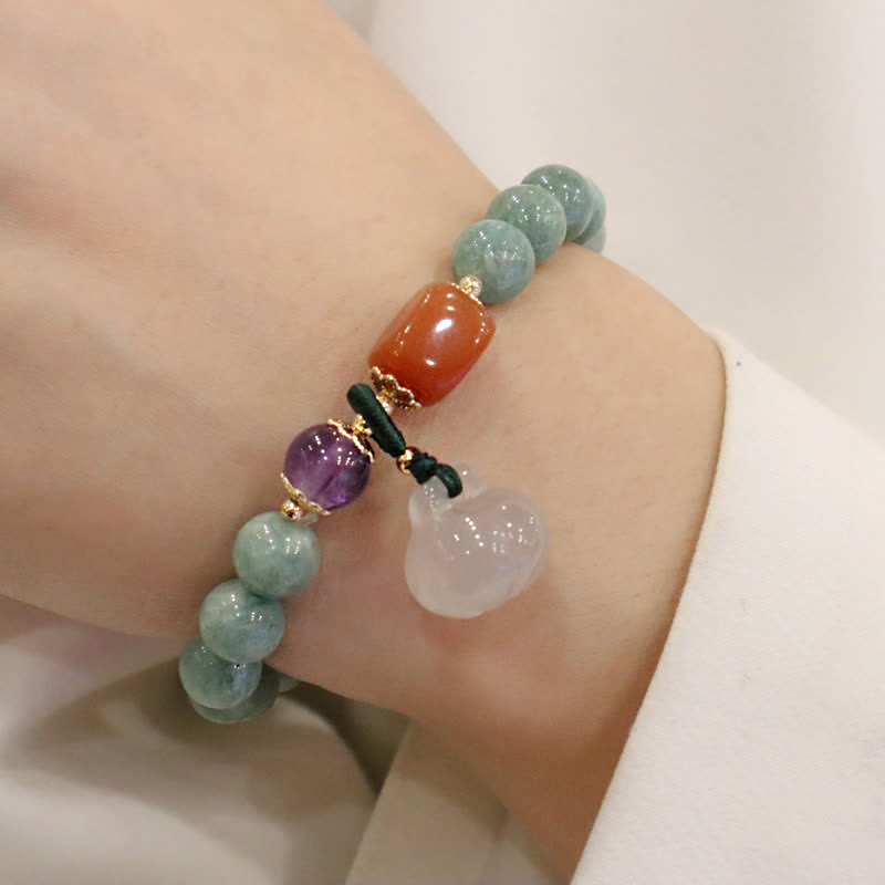 Bracelet de guérison en cristal d'améthyste avec boucle de paix et lotus en jade cyan et citrouille