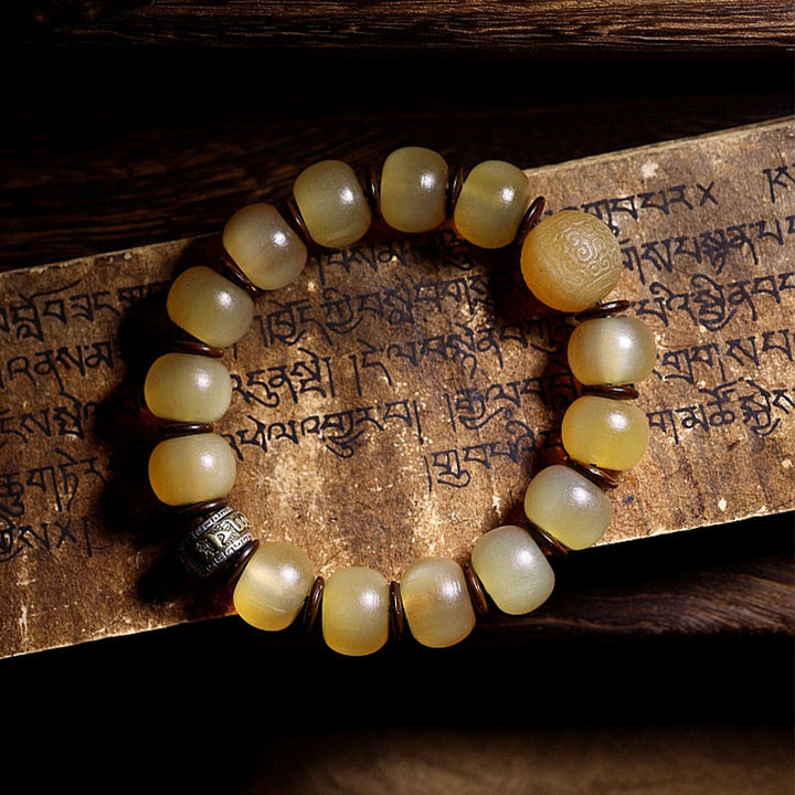 Bracelet de bon augure tibétain en corne de mouton fait main avec Buddha Stones Om Mani Padme Hum