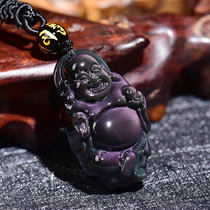 Collier pendentif Bouddha rieur en obsidienne arc-en-ciel naturelle pour la paix intérieure - image 3