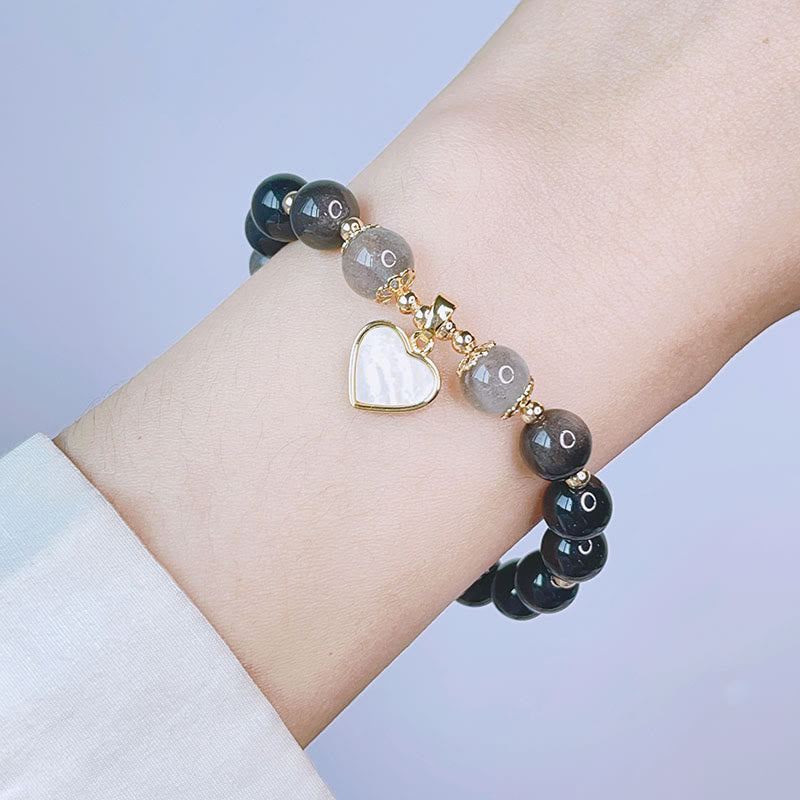 Bracelet de protection en obsidienne naturelle argentée avec Buddha Stones , cœur, étoile, fleur