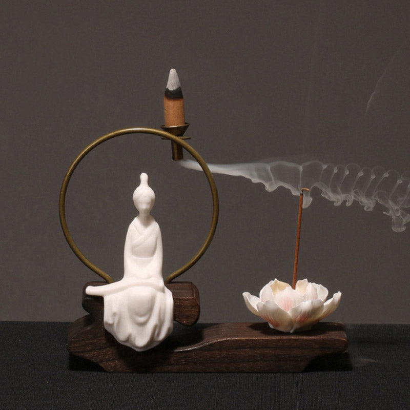 Brûleur d'encens en céramique avec Buddha Stones et lotus pour la guérison et la méditation