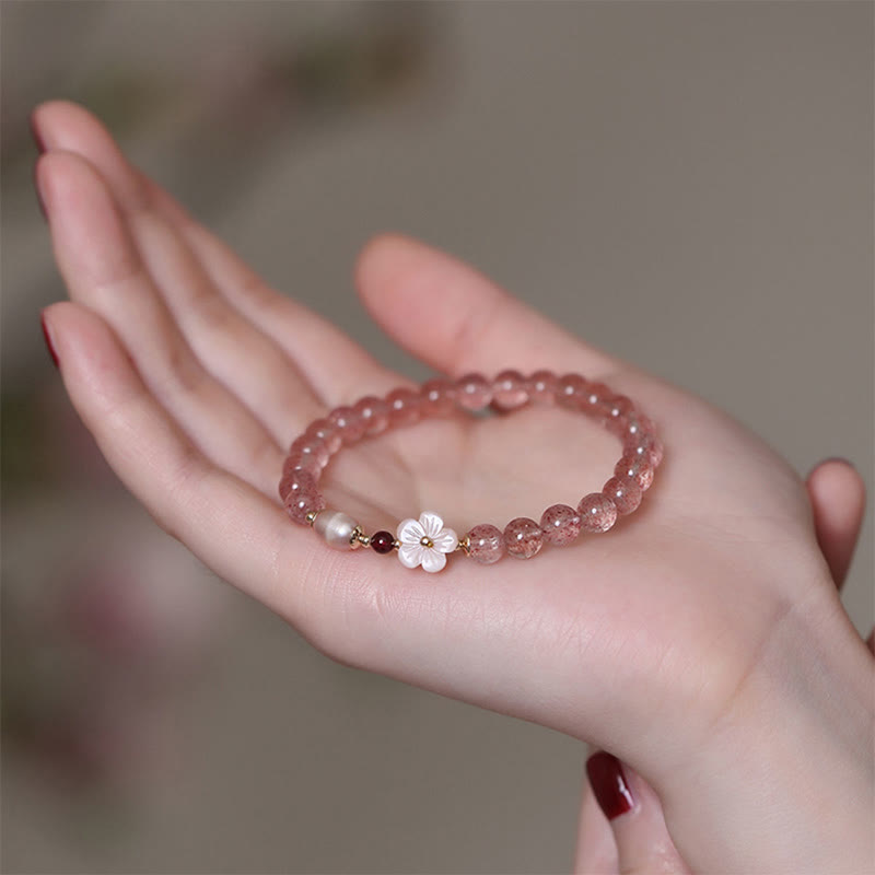 Bracelet d'amour en quartz fraise et fleur de pêcher Buddha Stones
