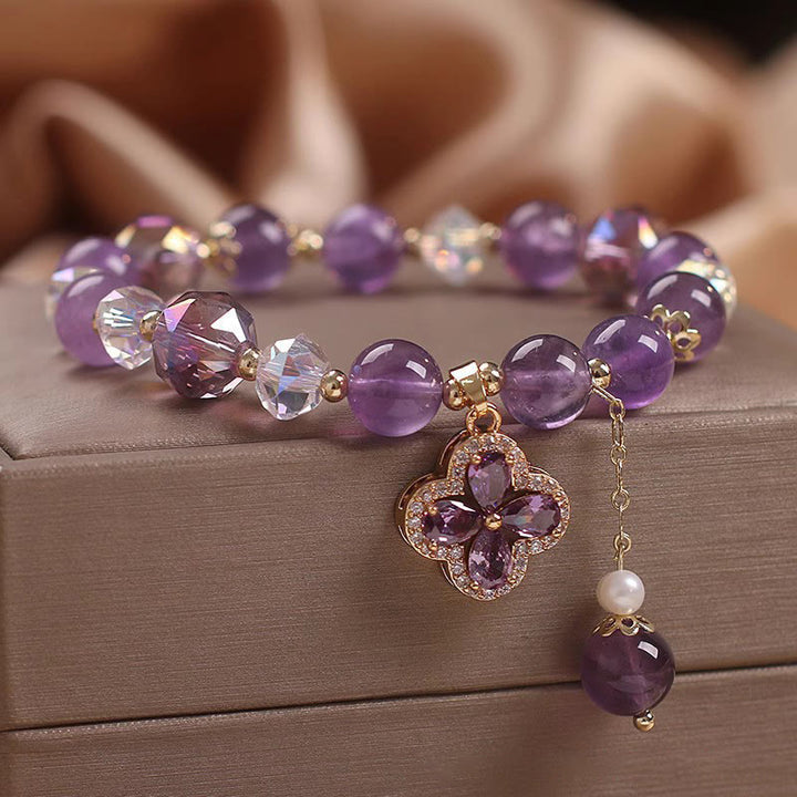 Bracelet de guérison spirituelle en cristal d'améthyste naturelle et trèfle à quatre feuilles de Buddha Stones