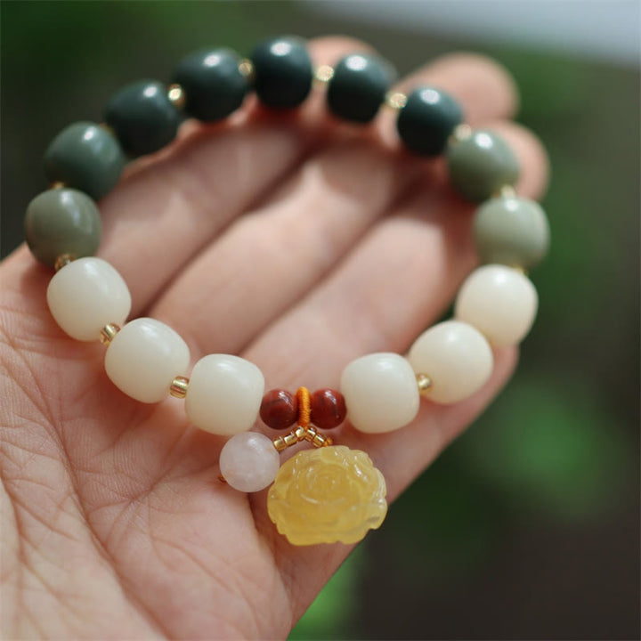 Bracelet de paix en ambre et graines de Bodhi avec Buddha Stones dégradées