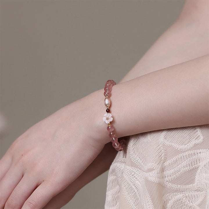 Bracelet d'amour en quartz fraise et fleur de pêcher Buddha Stones