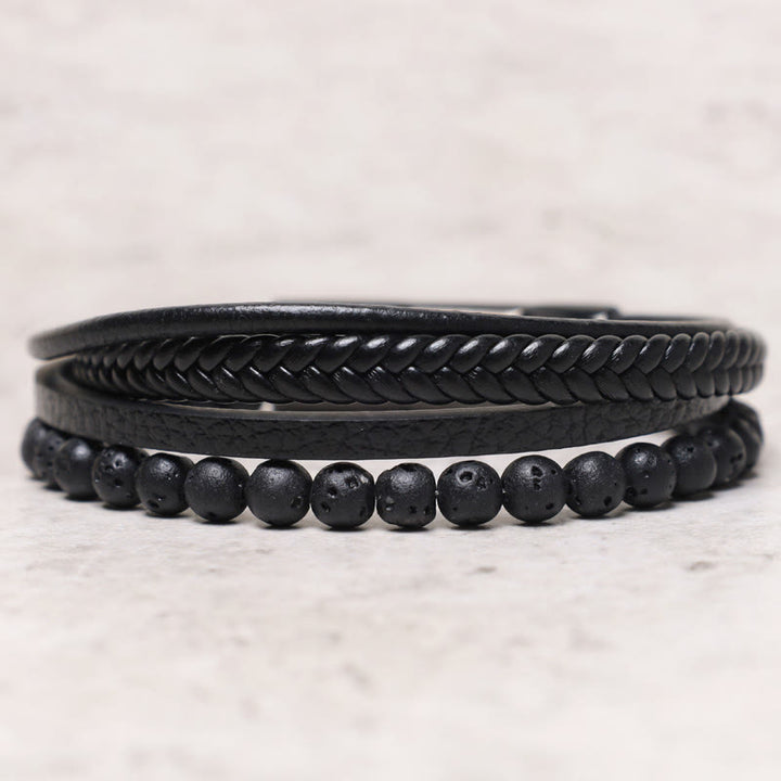 Bracelet en cuir avec perles en pierre de lave naturelle et onyx noir Buddha Stones