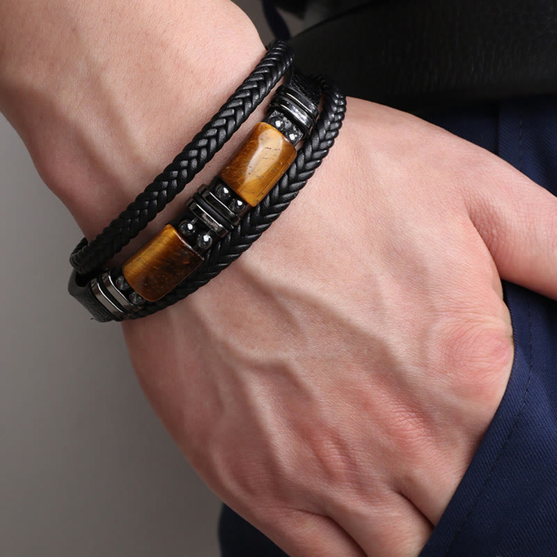 Bracelet en cuir multicouche avec boucle magnétique et Buddha Stones œil de tigre