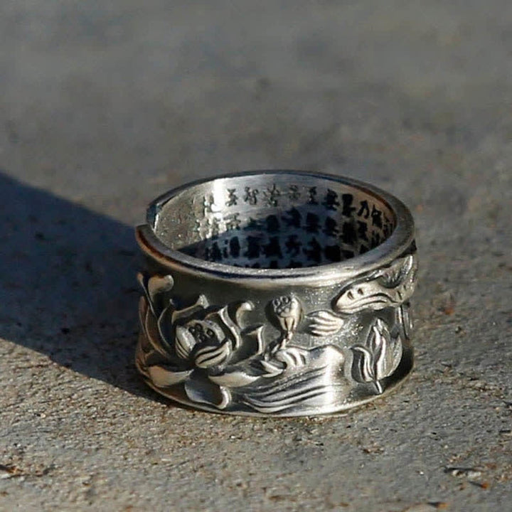 Bague porte-bonheur en argent sterling 999 Buddha Stones et poisson Koi, lotus, cœur, Sutra de la richesse