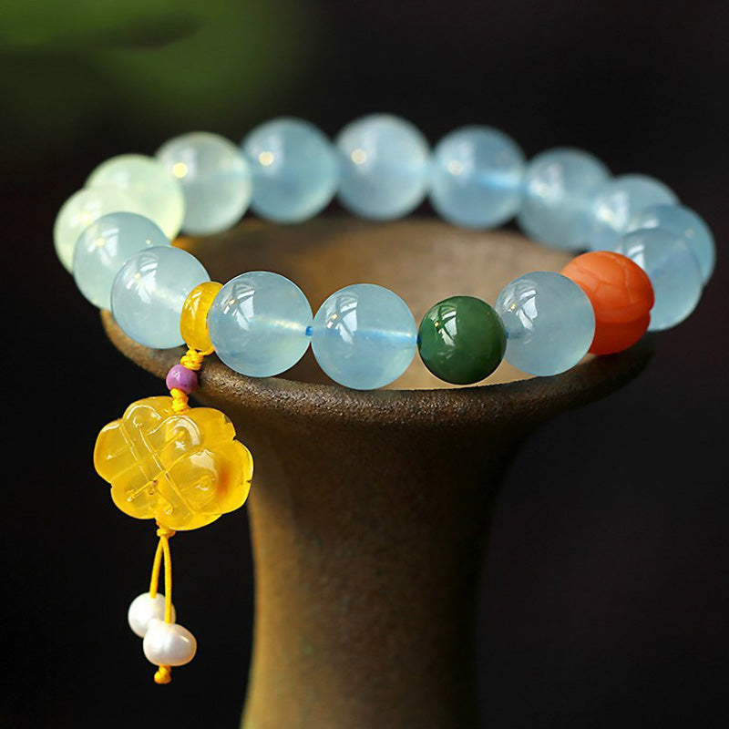 Bracelet de paix avec breloque en ambre et aigue-marine naturelle