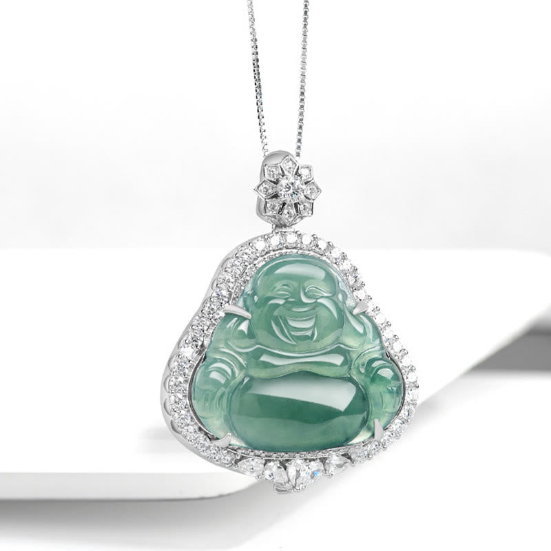 Collier Buddha Stones en jade naturel représentant un Bouddha rieur, symbole de chance et d'abondance, avec chaîne en acier titane. - image 1