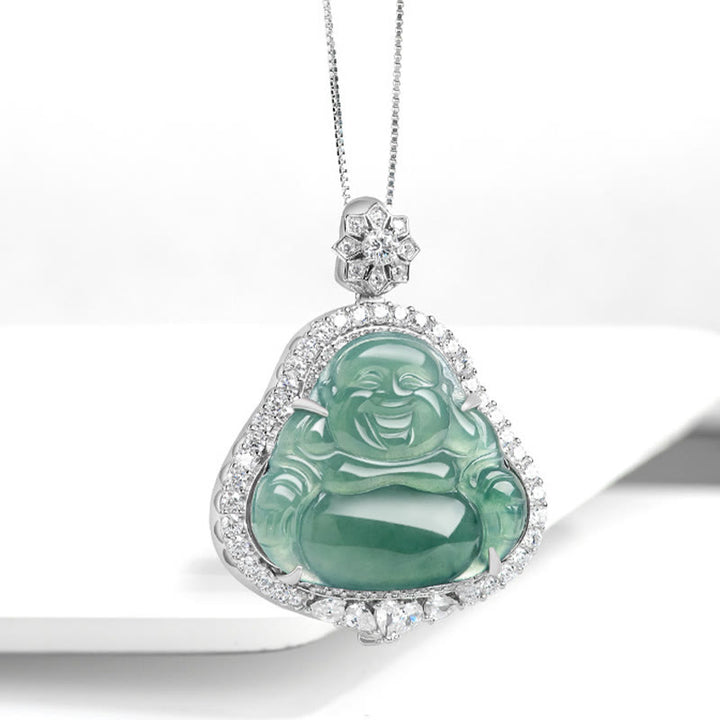Collier Buddha Stones en jade naturel représentant un Bouddha rieur, symbole de chance et d'abondance, avec chaîne en acier titane. - image 1