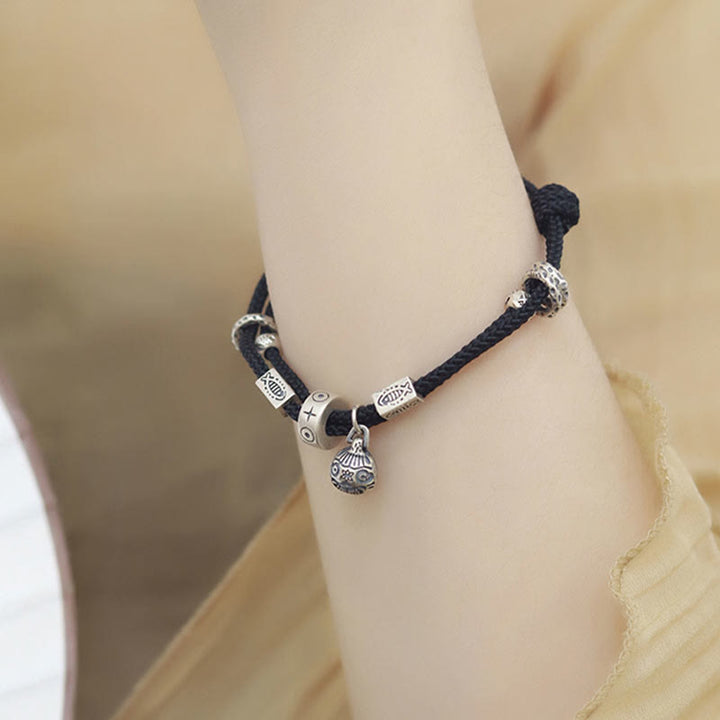 Bracelet tressé artisanal en argent sterling 925 Buddha Stones et or représentant une bête avaleuse de poisson Koi