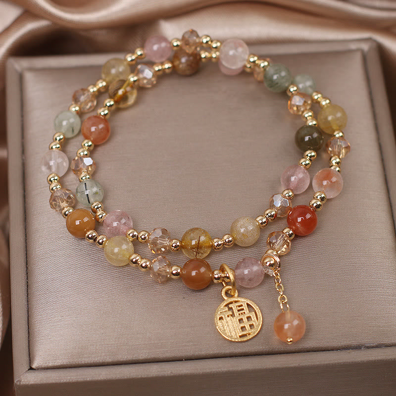 Bracelet de bon augure en quartz rutile multicolore avec Buddha Stones et caractère Fu
