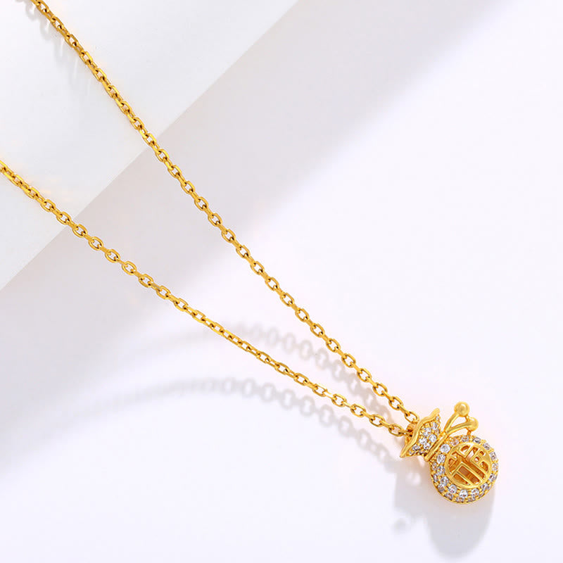 Collier avec pendentif en forme de sac d'argent en plaqué or 24 carats avec personnage Fu