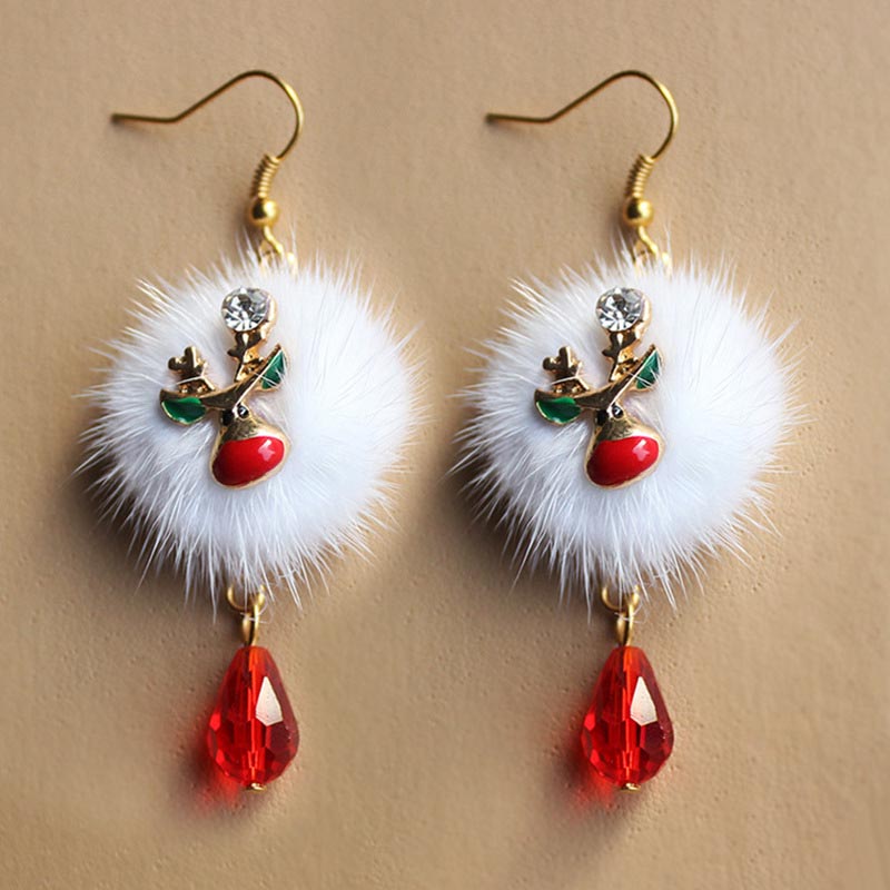 Boucles d'oreilles pompon en fourrure de Père Noël et élan
