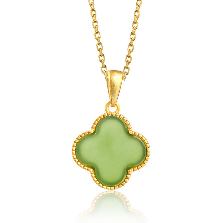 Collier pendentif trèfle à quatre feuilles en jade naturel Hetian en argent sterling 925 Buddha Stones