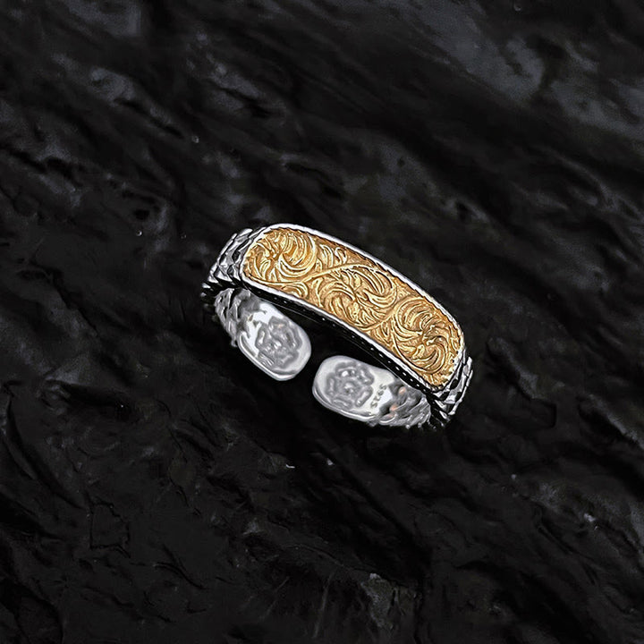 Bracelet manchette porte-bonheur en cuivre gravé avec motif floral de la dynastie Tang et anneau réglable
