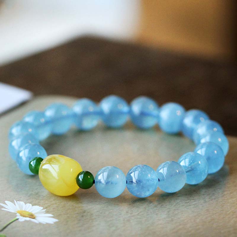 Bracelet de guérison et de sérénité en perles d'ambre et d'aigue-marine naturelles