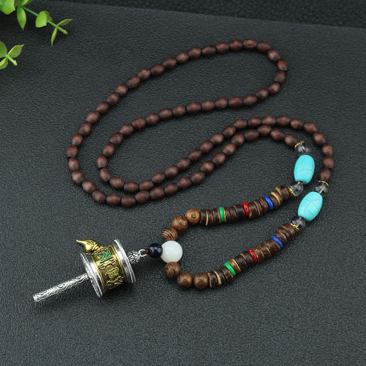 Collier pendentif en bois Vajra Buddha Stones tibétaines Om Mani Padme Hum et rotation de la roue de prière - image 4