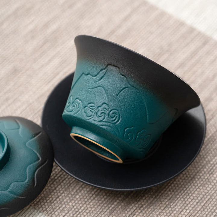Tasse à thé et soucoupe en céramique avec couvercle en Buddha Stones, style rétro, bleu océan, vagues de la mer, dégradé, Gaiwan, Sancai