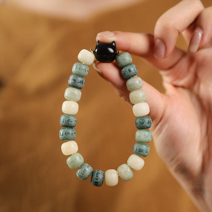 Bracelet d'harmonie gravé en obsidienne argentée Buddha Stones de Bodhi et pierres de Bouddha Tête de chat Om Mani Padme Hum - Graine de Bodhi verte (circonférence du poignet 14-16 cm) - image 8