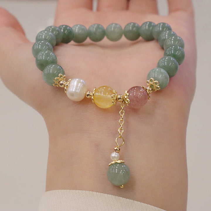 Bracelet porte-bonheur en perles de jade et quartz fraise avec Buddha Stones