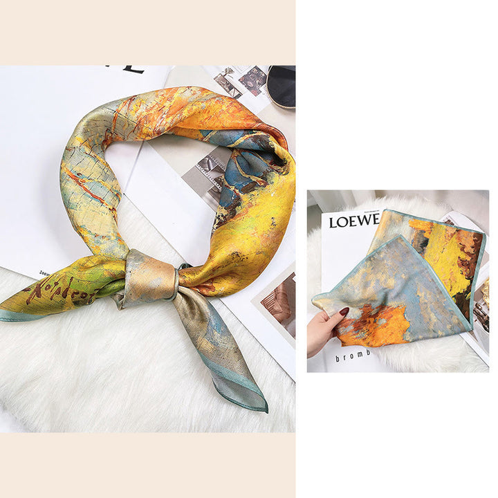 Foulard pour cheveux en soie de mûrier 100 % Buddha Stones et scène pastorale en montgolfière